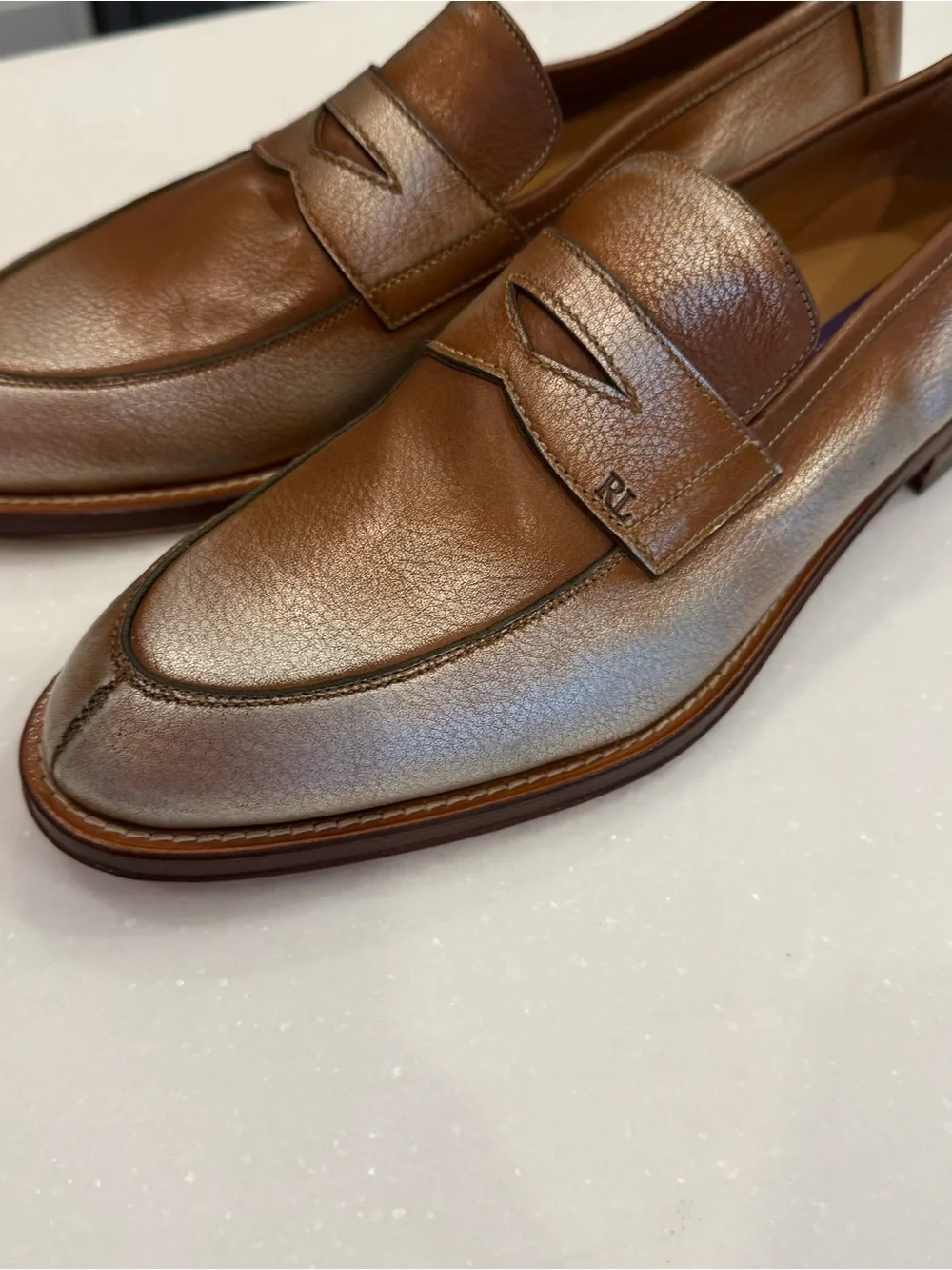 Ralph Lauren Purple Label Women’s Leather Loafers Tan W/ Metallic  Sz US 8.5
